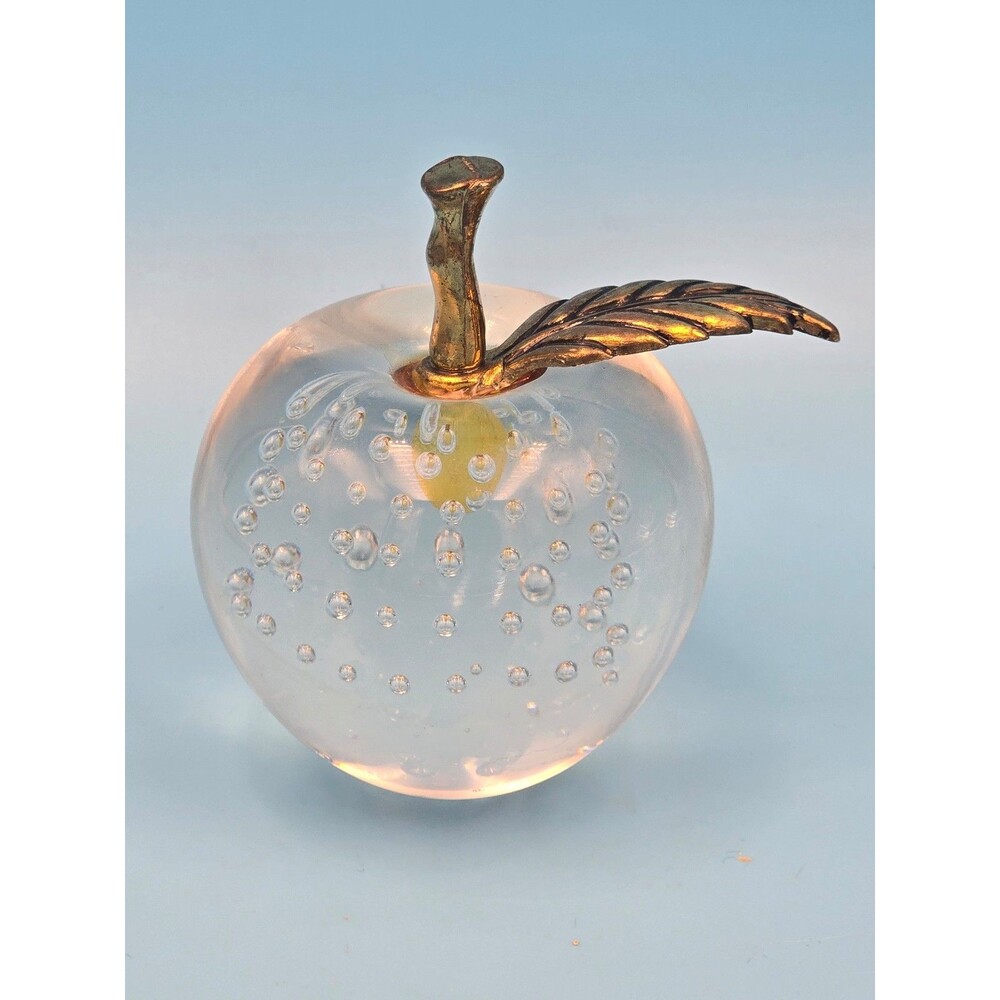Vintage Paperweight Bubble Glass Apple With Brass Stem/Leaf, Teacher Gift